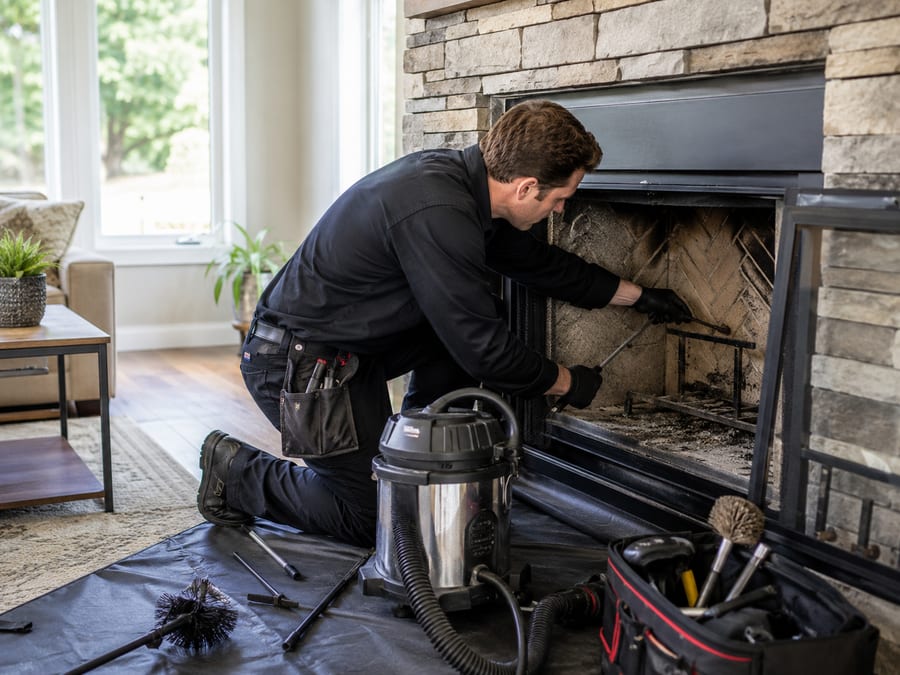 Professional technician cleaning a stone fireplace interior in a California home