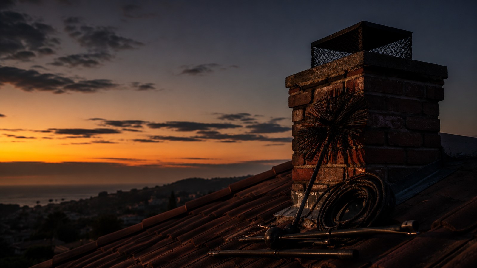 Chimney service tools on a rooftop at sunset in California