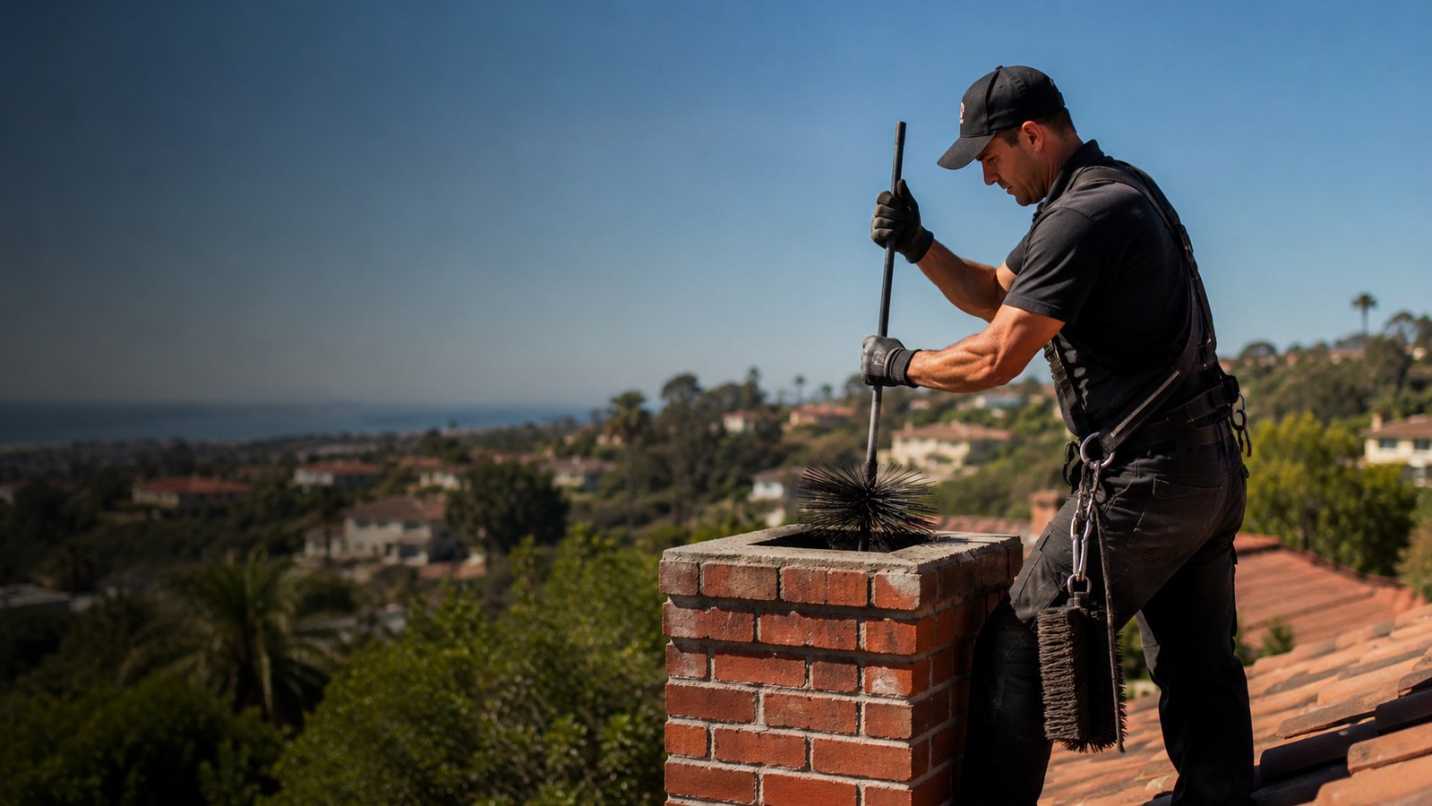 Professional chimney technician working on a rooftop chimney in California