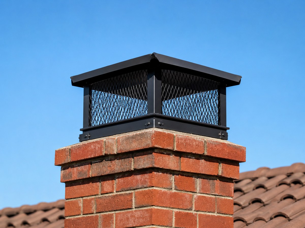 Chimney cap installed on a brick chimney on a tile roof