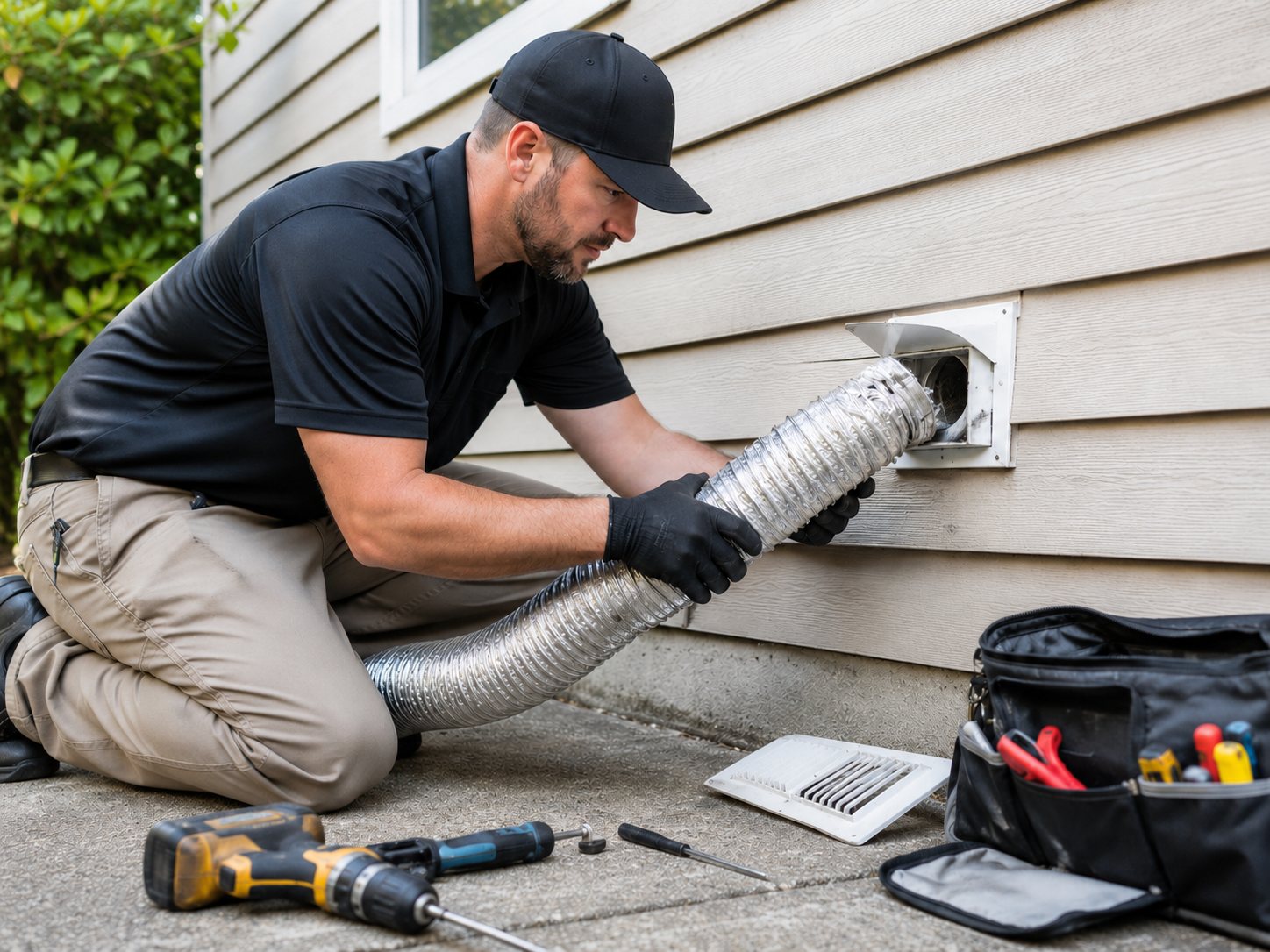 Technician cleaning a residential dryer vent