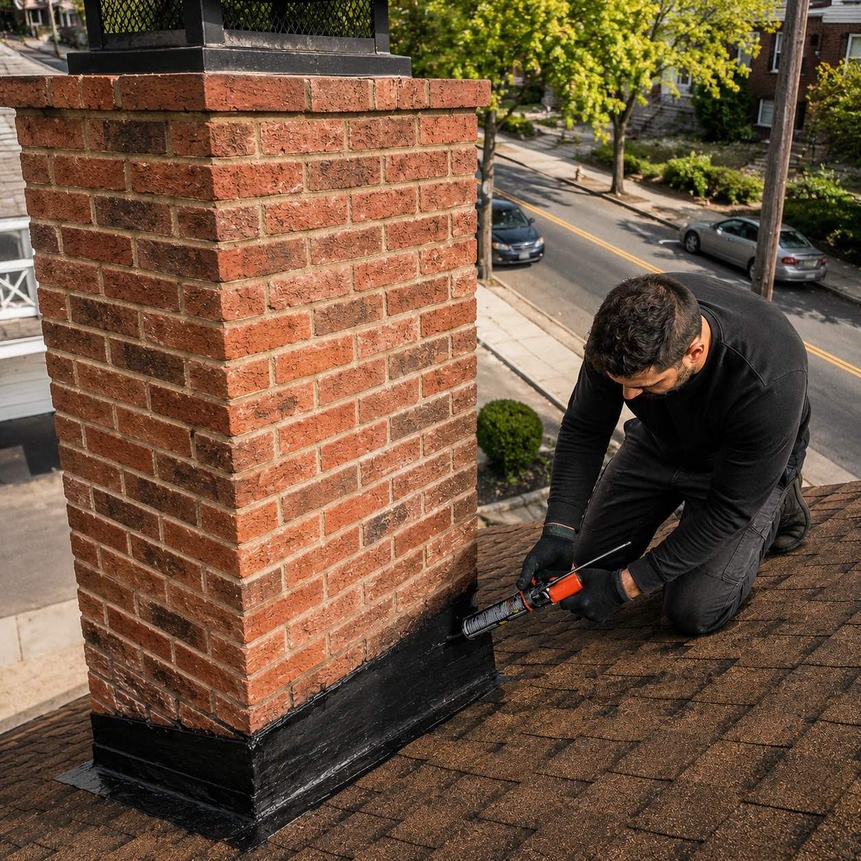 Technician sealing chimney flashing to repair a chimney leak