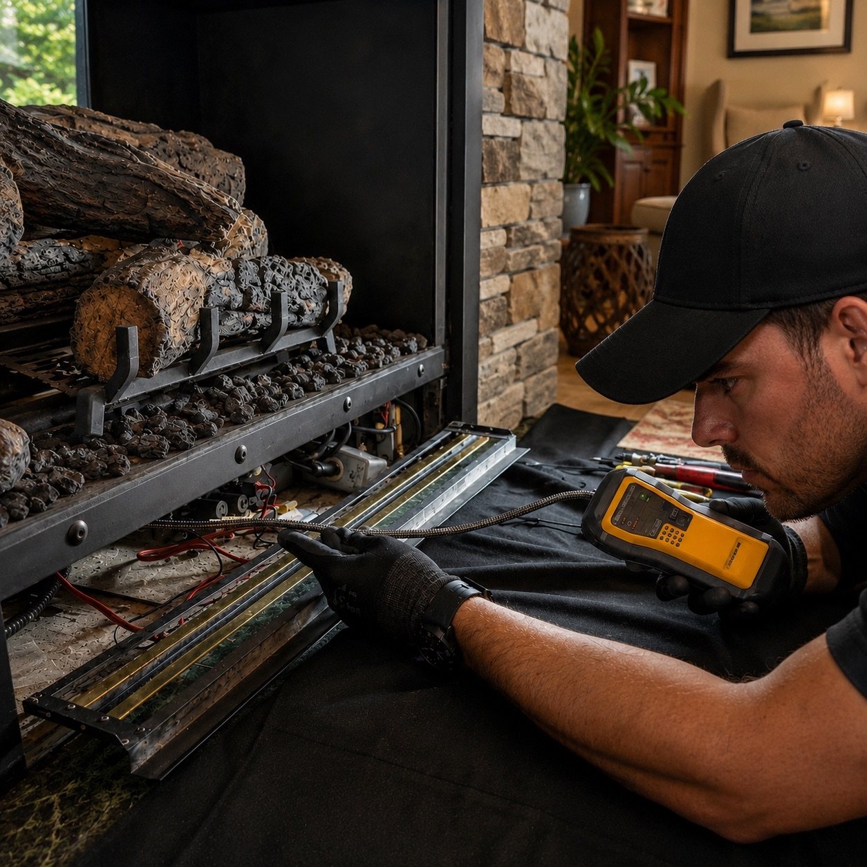 Technician repairing a gas fireplace insert and burner system