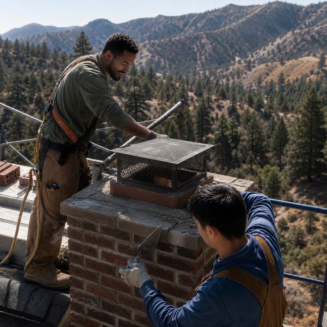 Technicians repairing brick chimney masonry and chimney cap area