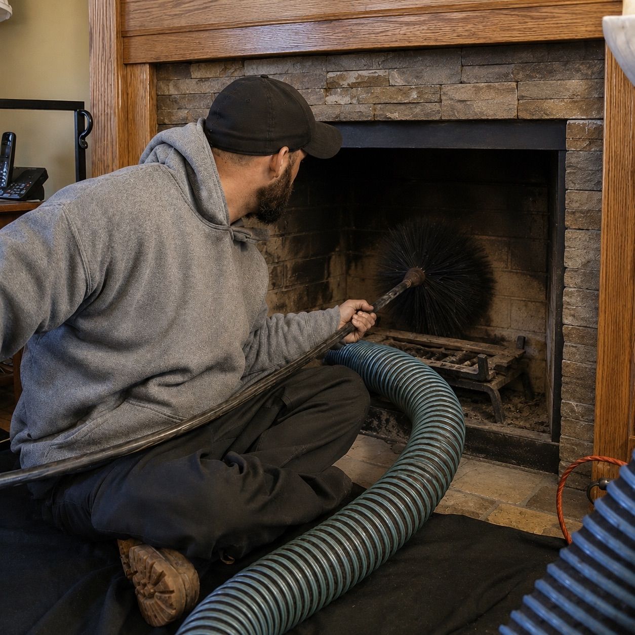 Technician sweeping a fireplace chimney with professional brush equipment